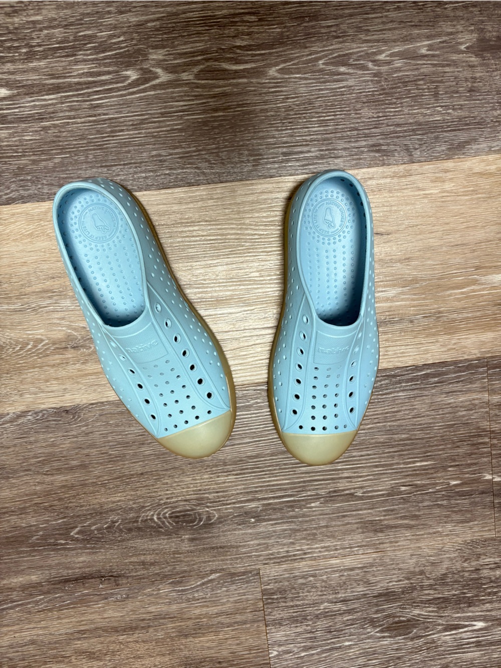 Light Blue Slip-On Water-Resistant Women's Crocs with Tan Toe